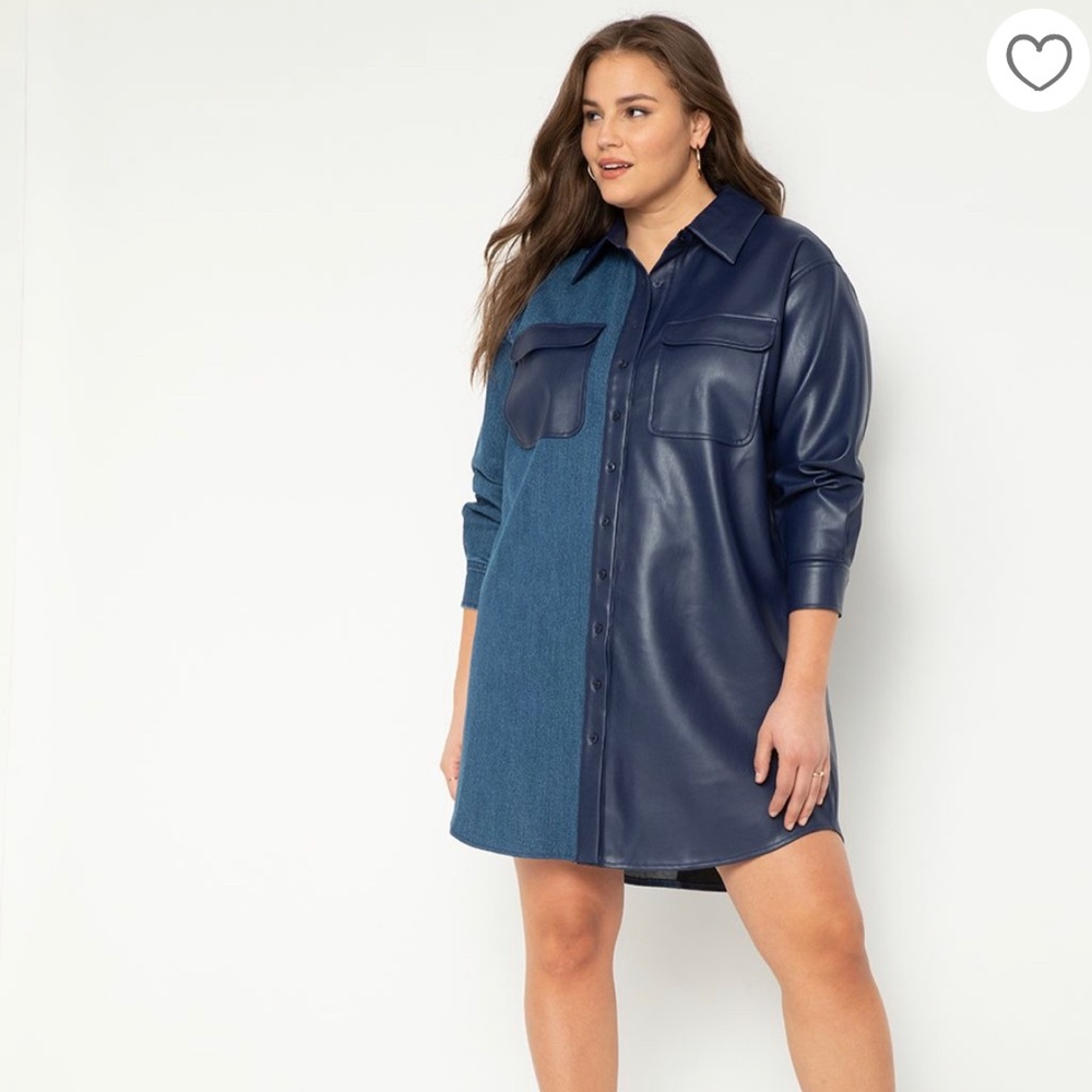 ELOQUII Faux Leather / Denim Block Shirtdress - Size 14